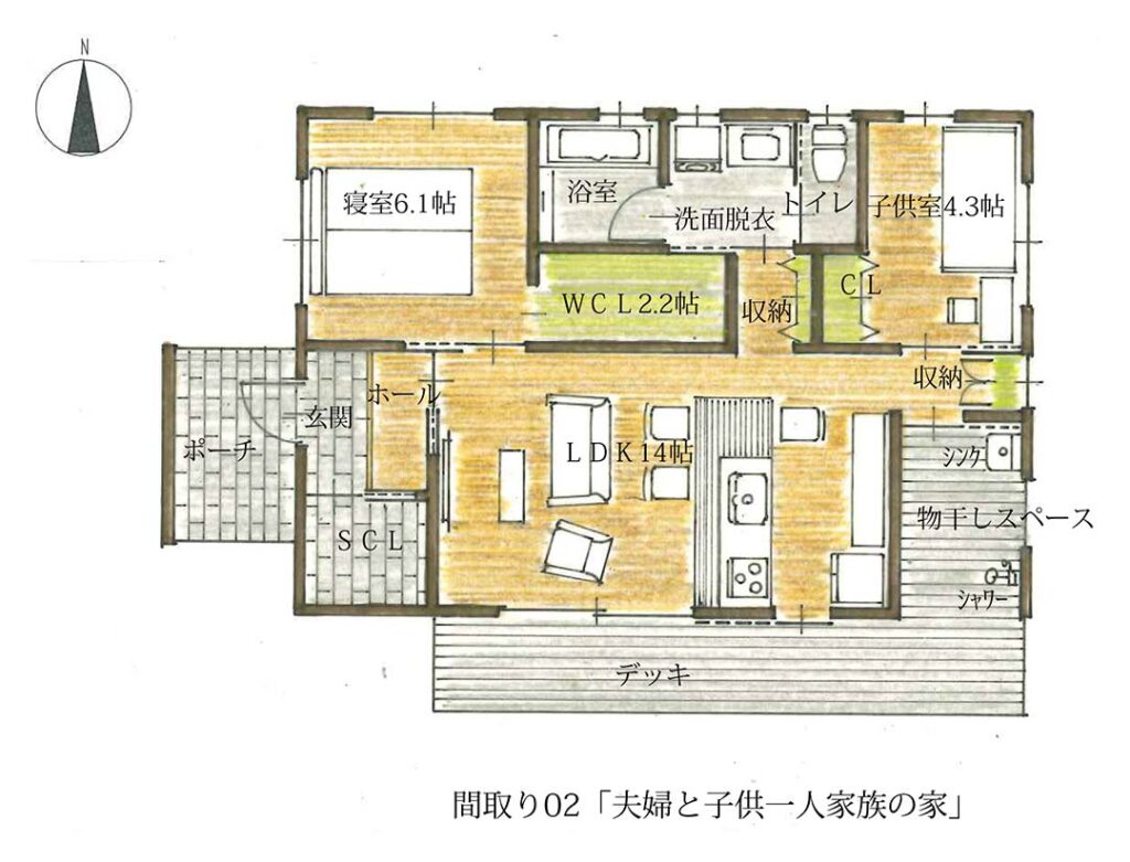 間取り02「夫婦と子供一人家族の平屋」